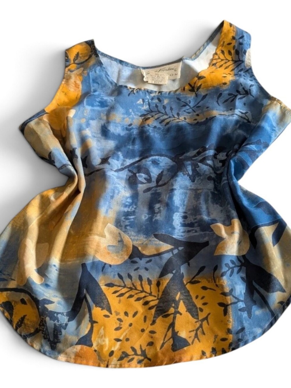 Vintage Giorgio Fiorlini Art to Wear Watercolor Batik Tank Top Blouse M Blue Gol
